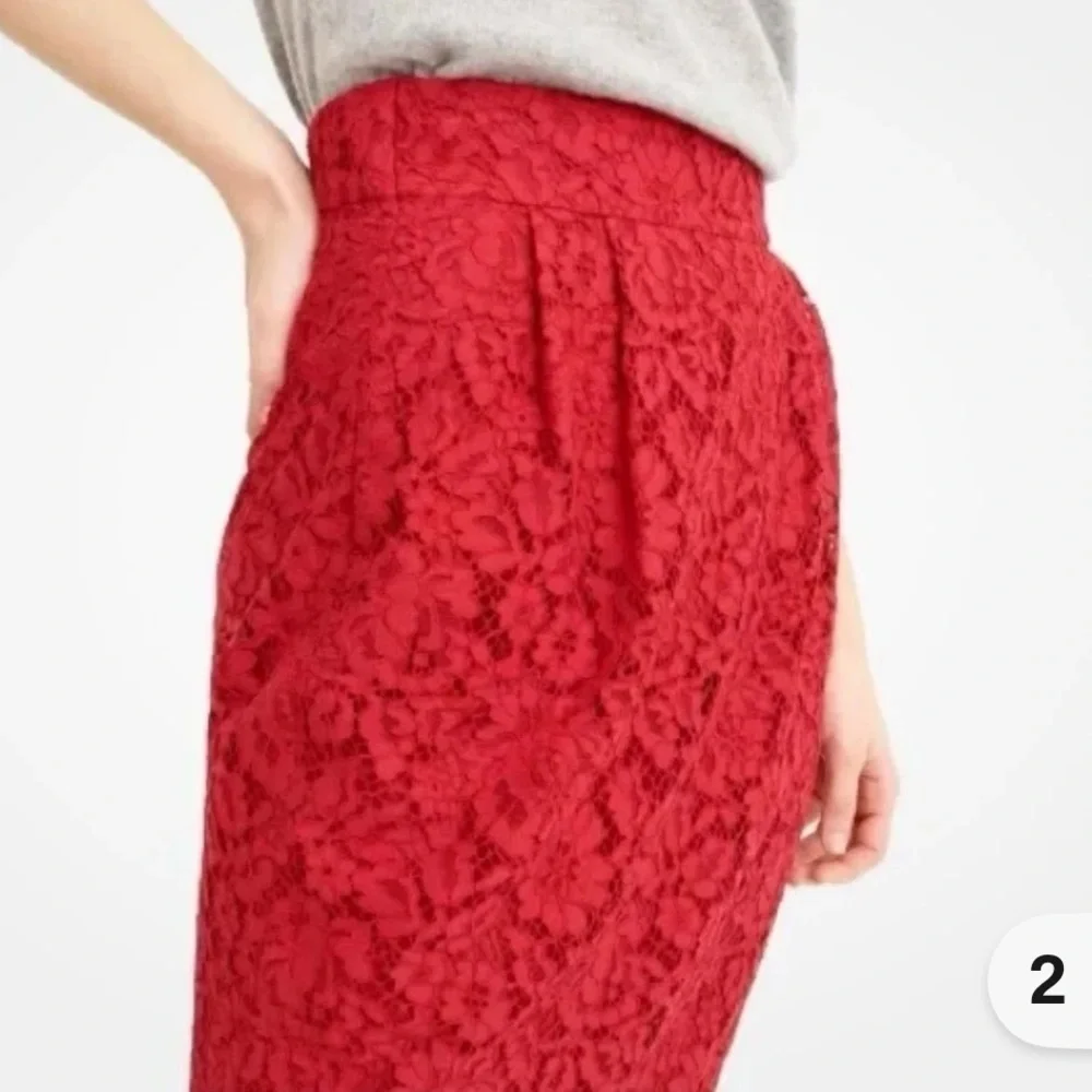 J. Crew Red Lace Pintuck Below Knee Pencil Skirt size 14
